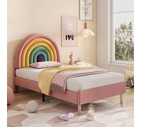 Matteo Adjustable Velvet Upholstered Bed 90*190 with Wooden Slat Support & Headboard, Pink in Beige Matteo Beige