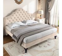 Matteo Adjustable Velvet Upholstered Double Bed With Wooden Slat Support, 135X190Cm, Beige