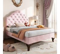 Matteo Adjustable Velvet Upholstered Single Bed 90X190 With Slatted Frame And Headboard, Pink