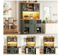 Matteo Antique Green Tall Kitchen Sideboard Cabinet With Glass Doors, Led Lighting, Wine Rack & Integrated Power Outlets (188Cm H)