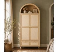 Matteo Arched Rattan-Effect Double Wardrobe With 2 Doors & 2 Drawers - Natural Oak - 180Cm Tall
