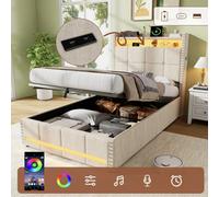 Matteo Beige 3Ft Single Upholstered Ottoman Bed Frame With Hydraulic Storage, Rgb Led Lights & Usb/type-C Charging