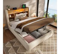 Matteo Beige 4Ft6 Double Ottoman Bed Frame: Hydraulic Storage, Upholstered Linen, Integrated Led Lighting & Usb Charging Headboard