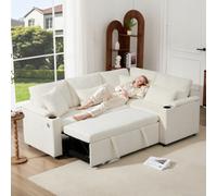 Matteo Beige Chenille L-Shaped Corner Sofa Bed With Pull-Out Sleeper, Integrated Storage, Usb Port & Cup Holders - Ideal For Modern Homes