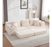 Matteo Beige Corduroy Sleeper Sofa, Convertible Sofa Bed With High Backrest, Side Pockets & Cup Holders