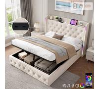 Matteo Beige Double Upholstered Bed Frame - Hydraulic Storage, LED & Charging Matteo Beige Double