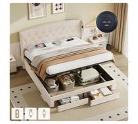 Matteo Beige Double Upholstered Ottoman Bed Frame With Hydraulic & Drawer Storage, Button Tufted Headboard, Usb & Type-C Charging Ports