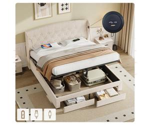 Matteo Beige Double Upholstered Ottoman Bed Frame With Hydraulic & Drawer Storage, Button Tufted Headboard, Usb & Type-C Charging Ports