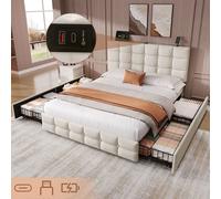 Matteo Beige Double Velvet Upholstered Bed Frame with 4 Storage Drawers & Adjustable Headboard with USB Charging Ports Matteo Beige Double
