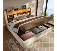 Matteo Beige King Size Upholstered Bed Frame - Hydraulic Storage, LED & USB Matteo Beige King