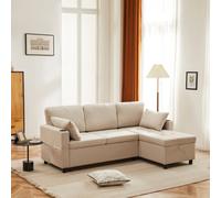 Matteo Beige L-Shaped 3 Seater Sofa Bed With Pull-Out Trundle, Integrated Storage & Cup Holders