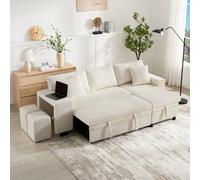 Matteo Beige L-Shaped Convertible Sofa Bed With Pull-Out Design, Integrated Usb/type-C, Hidden Storage & 2 Ottomans