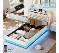 Matteo Beige Linen Single Upholstered Bed Frame with Hydraulic Storage & LED Matteo Beige Single