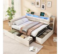 Matteo Beige Upholstered Double Bed Frame With Led, Usb Charging & Storage Drawers - 4Ft6
