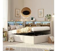 Matteo Beige Velvet 3Ft Single L-Shaped Daybed With Hydraulic Storage, Led Lights & Usb Charging