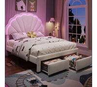 Matteo Beige Velvet 4Ft6 Double Bed Frame With Shell Headboard, 2 Storage Drawers & App-Controlled 16-Colour Led Lights