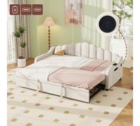 Matteo Beige Velvet Daybed With Trundle & Charging Station - 3Ft Single Sofa Bed With Storage Pockets & Fluted Backrest