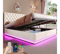 Matteo Beige Velvet Double Ottoman Bed Frame With Rgb Led Lighting & Adjustable Tufted Headboard - 4Ft6 Storage Bed