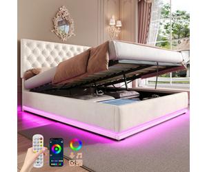 Matteo Beige Velvet Double Ottoman Bed Frame With Rgb Led Lighting & Adjustable Tufted Headboard - 4Ft6 Storage Bed