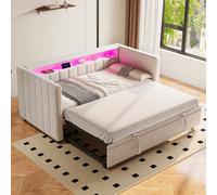 Matteo Beige Velvet Multifunctional Sofa Bed With Pull-Out Double Bed, Usb-C, Led Lighting & Storage