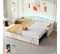 Matteo Beige Velvet Petal Daybed With Pull-Out Trundle Bed & Rgb Led Lighting - 3Ft Single Upholstered Sofa Bed