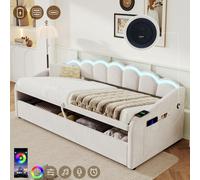 Matteo Beige Velvet Petal Daybed With Rgb Led, Hydraulic Storage & Charging Station, Single 3Ft Upholstered Bed