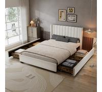 Matteo Beige Velvet Upholstered 4Ft6 Double Bed Frame With 4 Storage Drawers & Soft Backrest