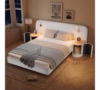 Matteo Beige Velvet Upholstered 4Ft6 Double Bed Frame With Integrated Bedside Reading Light & Table