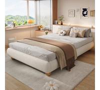 Matteo Beige Velvet Upholstered 4Ft6 Double Bed Frame With Sturdy Plywood Slats & Modern Circular Legs