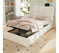 Matteo Beige Velvet Upholstered Single Bed Frame With Hydraulic Ottoman Storage & Usb Port, 3Ft