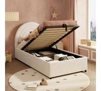 Matteo Beige Velvet Upholstered Single Bed Frame With Hydraulic Storage & Headboard, 3Ft Kids & Teenagers Ottoman Bed