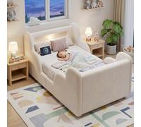 Matteo Beige Velvet Upholstered Toddler Bed With Led Headboard, Safety Rails & Solid Wood Legs - Single (90X190Cm)
