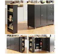 Matteo Black 360 Degree Swivel Kitchen Island & Dining Table With Storage, Drawers & Snack Rack On Castors