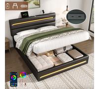 Matteo Black 4Ft6 Double Ottoman Bed Frame With Hydraulic Storage, Led Lights & Usb/type-C Charging Headboard