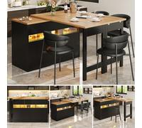 Matteo Black Extendable Bar Table With Smart Led Lighting, 120-180Cm, Mdf Kitchen Island & Storage