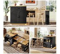 Matteo Black Extendable Kitchen Island With Dining Table, Storage & Led Light - Mdf