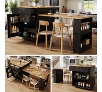 Matteo Black Extendable Kitchen Island With Integrated Storage & Dining Table
