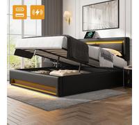 Matteo Black Faux Leather Double 4Ft6 Ottoman Storage Bed Frame With Led Lights & Usb Ports