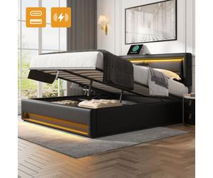 Matteo Black Faux Leather Double 4Ft6 Ottoman Storage Bed Frame With Led Lights & Usb Ports
