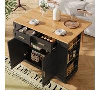 Matteo Black Foldable Kitchen Island On Wheels With 2 Drawers, Storage Cabinet & Spice Racks - Mobile Trolley
