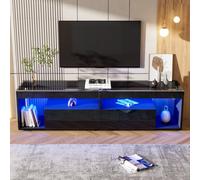 Matteo Black High Gloss Tv Stand With Led Lights, Glass Top & 2 Drawers - Modern Media Unit For 80" Tvs