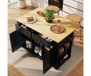 Matteo Black Kitchen Island Storage Trolley With Foldable Worktop, Integrated Power Strip, Drawers & Wheels - Mdf