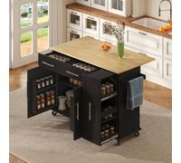 Matteo Black Kitchen Island With Drop-Leaf, 3-Tier Pull-Out Organiser, Towel Rail & Lockable Wheels