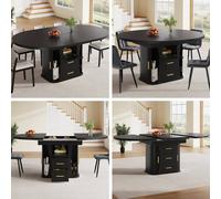 Matteo Black MDF Extendable Round to Oval Dining Table, 6 Seater, Storage Matteo Black