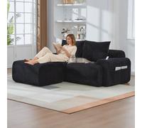 Matteo Black Modular 2-Seater Corduroy Sofa Set With Ottomans, Integrated Cup Holders & Side Pockets For Living Room