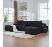 Matteo Black Modular Corduroy 4-Seater Sofa With 2 Ottomans, Cup Holders & Storage Pockets - Configurable For Any Living Space