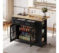 Matteo Black & Natural Kitchen Island On Wheels With Foldable Top, Ac Sockets & Usb Charging