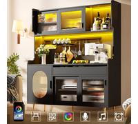 Matteo Black Retro Sideboard Cabinet With Smart Led, Pegboard & Fluted Glass Doors, 145X39X171Cm