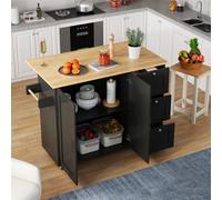Matteo Black Rolling Kitchen Island With Oak Effect Foldable Worktop, 3 Drawers, Double Doors & Towel Rail - Mobile Storage Cart