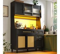 Matteo Black Tall Sideboard Cabinet With Led Lighting, Pe Rattan Doors & Adjustable Shelves - Kitchen/dining Room Storage